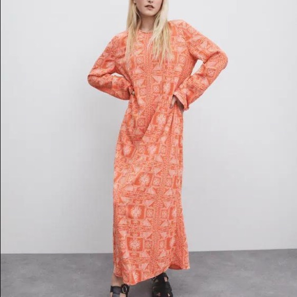 zara orange embroidered dress